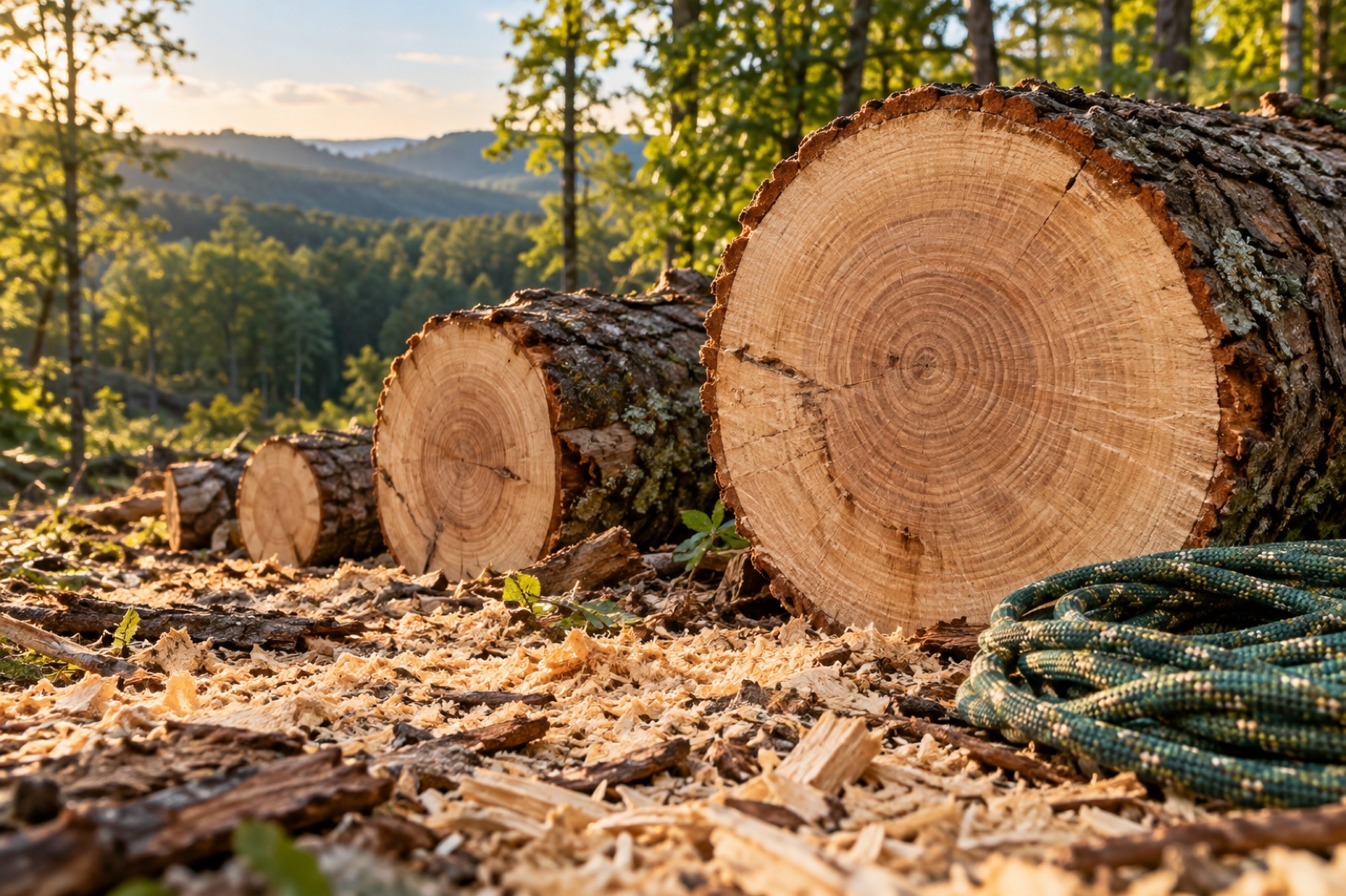 Illustrative cut hardwood trunks, growth rings and arborist rope